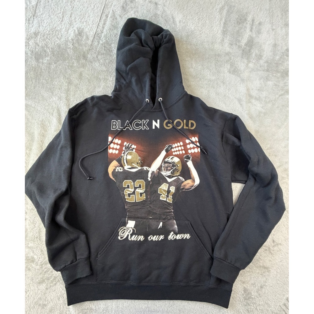 Jerzees Hoodie Mens Large Black N Gold Run Our Town Football Graphic Pullover